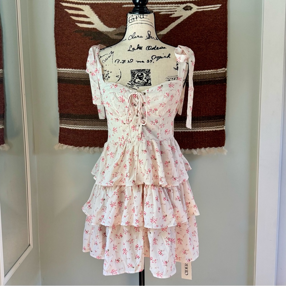 NWT Cider Ditsy Floral Lace Up Tiered Mini Dress